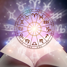 Vedic astrology chart with zodiac signs, planets, and symbols on a cosmic background.